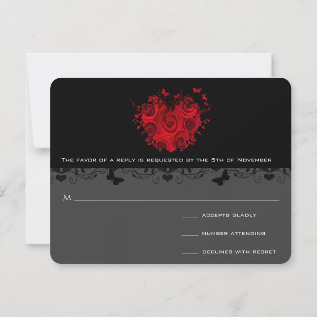 Butterfly Red Rose Heart Black Metallic RSVP Card (Back)