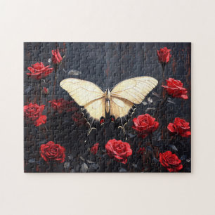 Butterfly Resting Among Vibrant Red Roses Jigsaw Puzzle