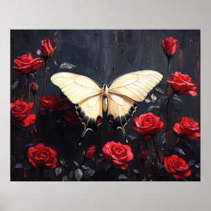 Butterfly Resting Among Vibrant Red Roses Poster