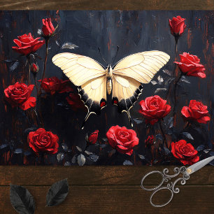 Butterfly Resting Among Vibrant Red Roses Tissue Paper