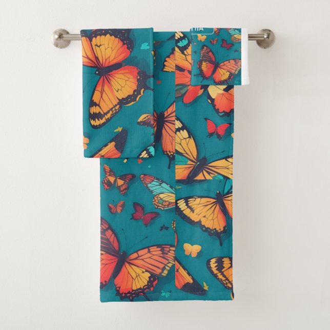 Butterfly Retro Colourful Personalised Pattern Bath Towel Set (Insitu)