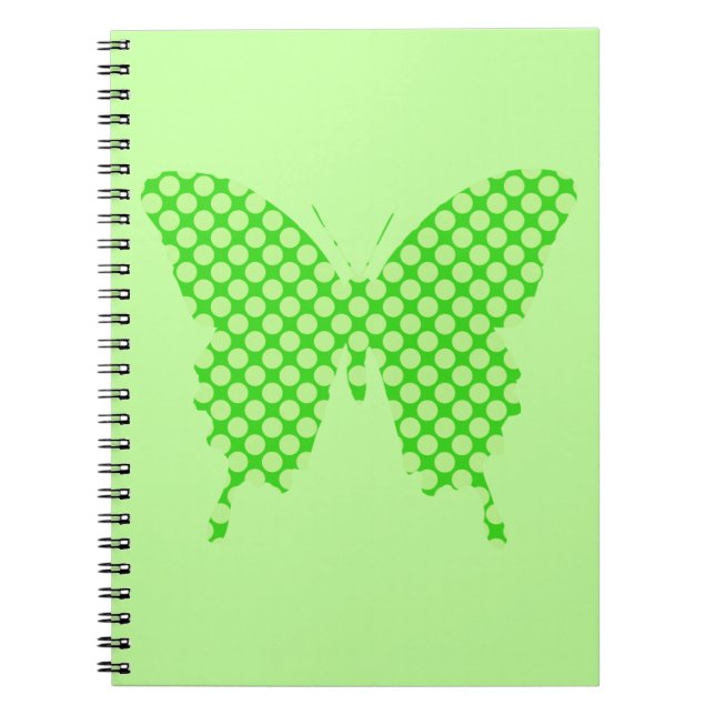 Butterfly, retro dots, shades of lime green notebook (Front)