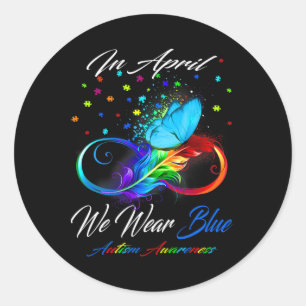 Butterfly Ribbon In April We Wear Blue Autism Awar Classic Round Sticker