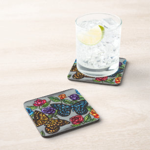 Butterfly rose flowers original nature drawing coaster