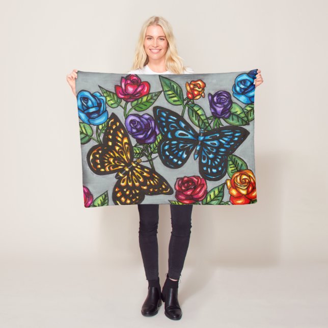 Butterfly rose flowers original nature drawing  fleece blanket (In Situ)