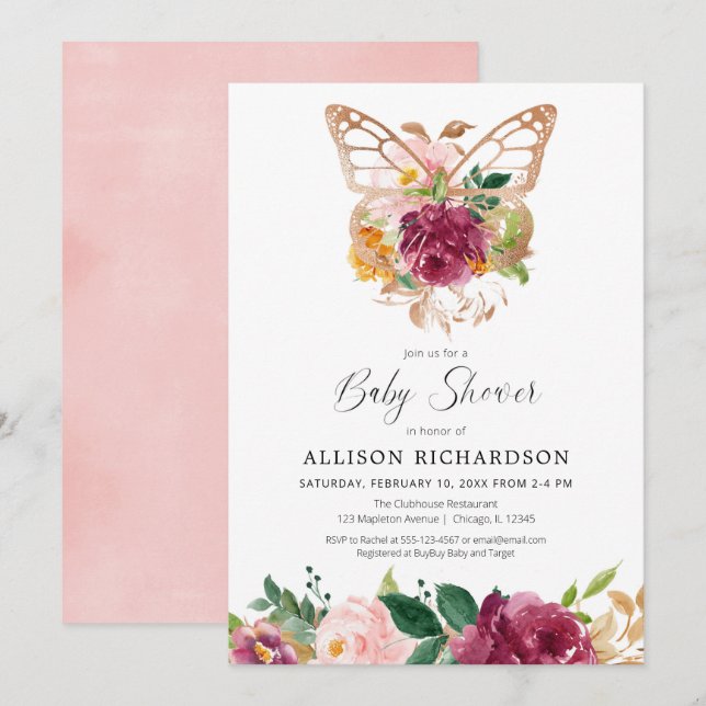 Butterfly rose gold blush burgundy floral girl invitation (Front/Back)