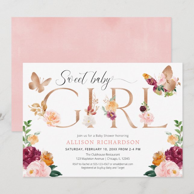 Butterfly rose gold blush pink girl baby shower invitation (Front/Back)