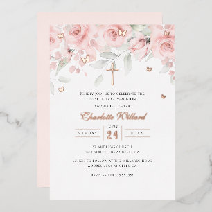 Butterfly Rose Gold Cross Girls First Communion