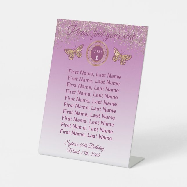 Butterfly & Rose Gold Glitter Table Number Sign  (Front)