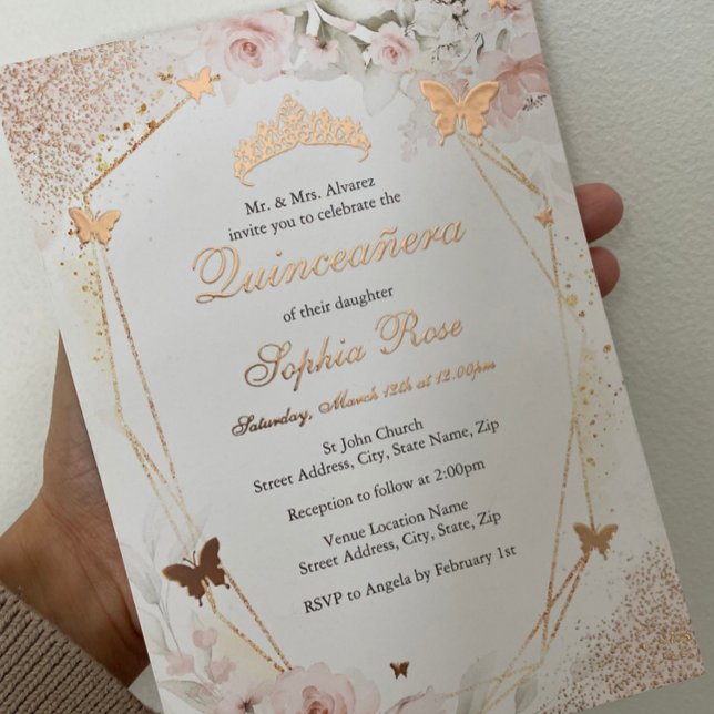 Butterfly Rose Gold Pink Blush Floral Quinceanera (Creator Uploaded)