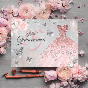 Butterfly Rose Gold Sparkle Dress Quinceanera Invitation