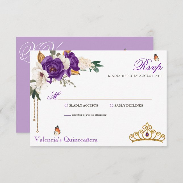 Butterfly Rose Royal Purple Gold Tiara Quinceanera RSVP Card (Front/Back)