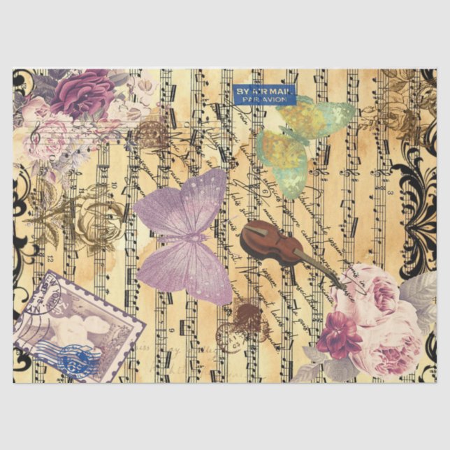 Butterfly, Roses and Notes Ephemera Tissue Paper (Front)