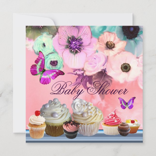 BUTTERFLY,ROSES,FLOWERS ,CUPCAKES Pink Baby Shower Invitation (Front)