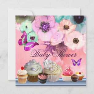 BUTTERFLY,ROSES,FLOWERS ,CUPCAKES Pink Baby Shower Invitation
