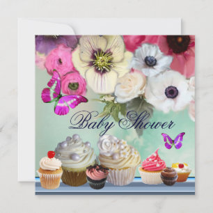 BUTTERFLY,ROSES,FLOWERS ,CUPCAKES Pink Baby Shower Invitation
