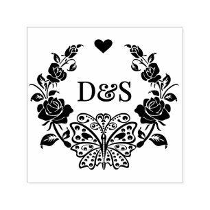 Butterfly Roses Frm 2 Initial Couple Monogram #92 Self-inking Stamp