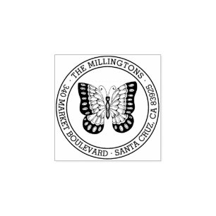 Butterfly Round Family Name Return Address Rubber Stamp