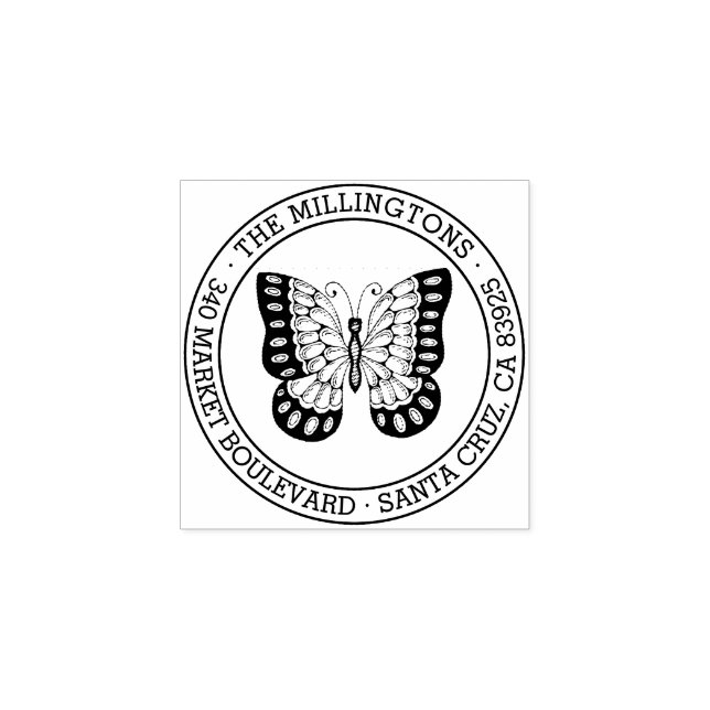 Butterfly | Round Family Name Return Address Rubber Stamp (Imprint)