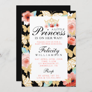 Butterfly Royal Floral Crown Black Gold Invitation