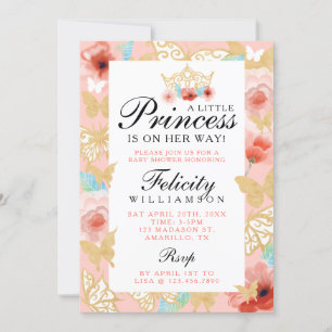 Butterfly Royal Floral Crown Pink Gold Invitation