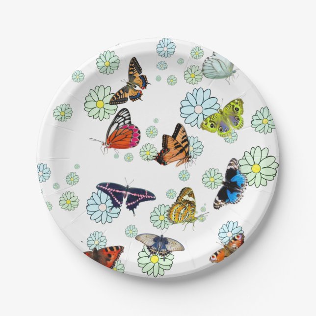 Butterfly’s Flying Over Blue Green Daisys Paper Plate (Front)