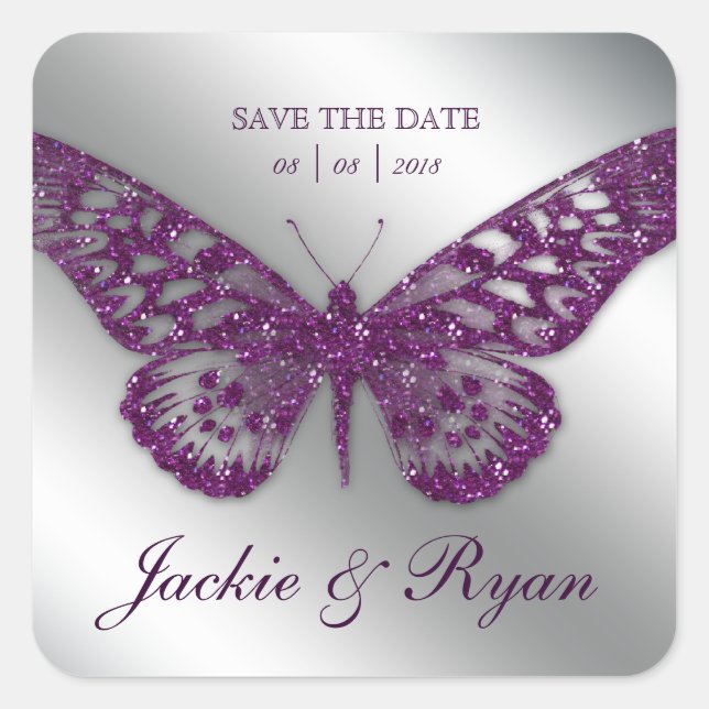 Butterfly Save Date Wedding Stickers Purple Sparkl (Front)