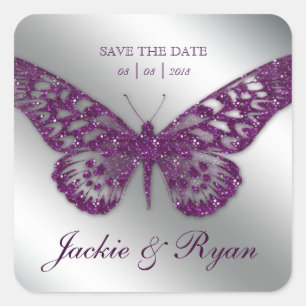 Butterfly Save Date Wedding Stickers Purple Sparkl