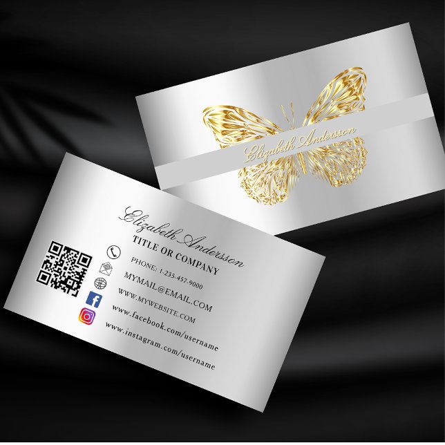 Butterfly silver gold QR code Business Card (Creator Uploaded)