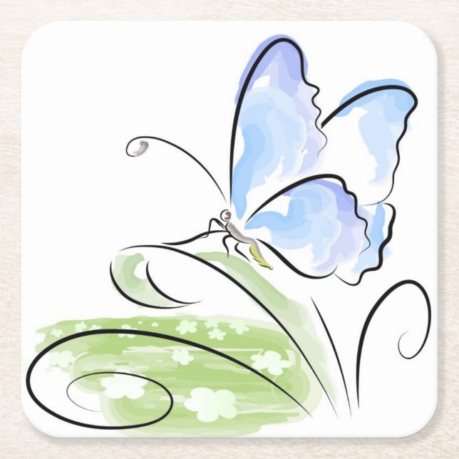 Butterfly sitting on grass over flower field square paper coaster (Front)