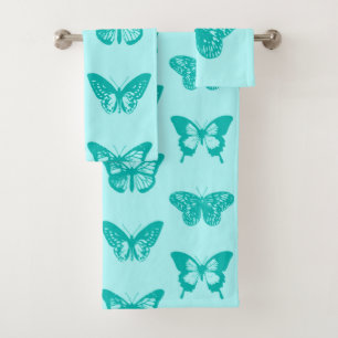 Butterfly sketch, aqua and turquoise bath towel set
