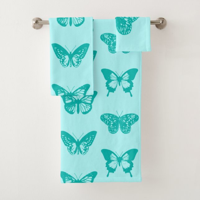 Butterfly sketch, aqua and turquoise bath towel set (Insitu)