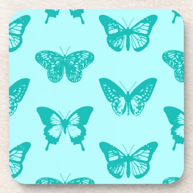Butterfly sketch, aqua and turquoise coaster (Front)