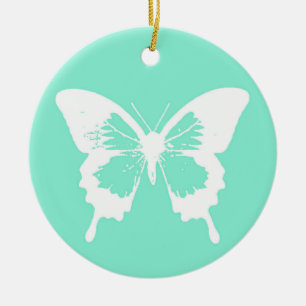 Butterfly sketch, aqua and white ceramic tree decoration