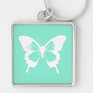 Butterfly sketch, aqua and white key ring