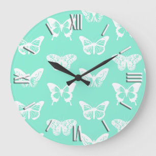 Butterfly sketch, aqua and white large clock