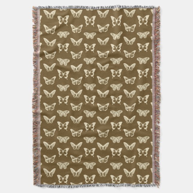 Butterfly sketch, beige on chocolate brown throw blanket (Front Vertical)