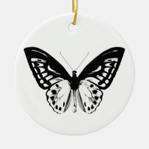 Butterfly sketch, black and white ceramic tree decoration