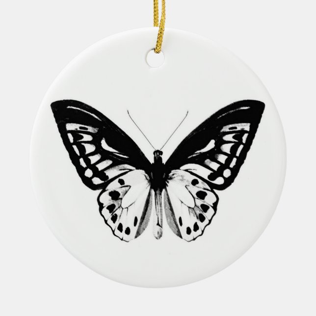 Butterfly sketch, black and white ceramic tree decoration (Front)