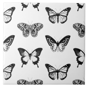 Butterfly sketch, black and white tile