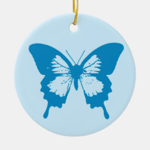 Butterfly sketch, cerulean and sky blue ceramic tree decoration