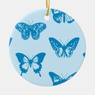 Butterfly sketch, cerulean and sky blue ceramic tree decoration