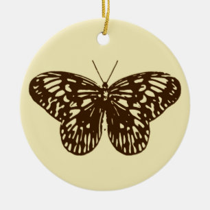 Butterfly sketch, chocolate brown on beige ceramic tree decoration