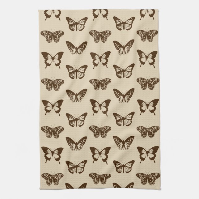 Butterfly Sketch, Chocolate Brown on Beige  Tea Towel (Vertical)