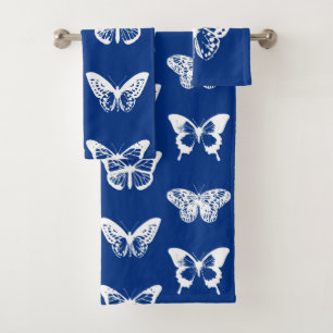 Butterfly sketch, cobalt blue and white bath towel set