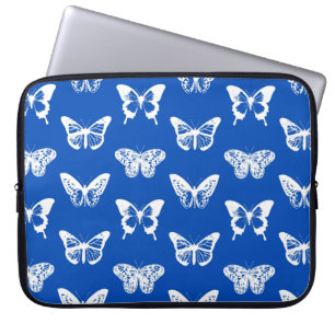 Butterfly sketch, cobalt blue and white laptop sleeve