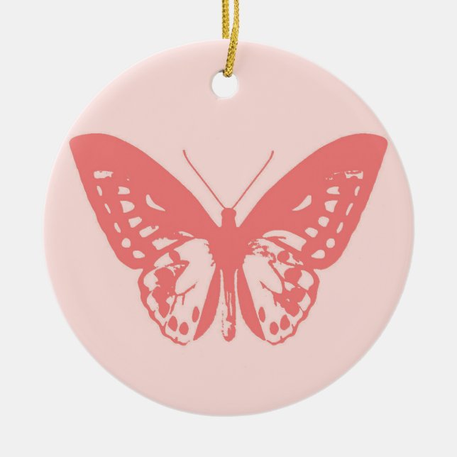 Butterfly sketch, coral pink ceramic tree decoration (Front)