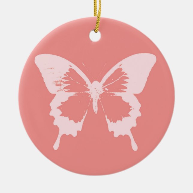 Butterfly sketch, coral pink ceramic tree decoration (Front)