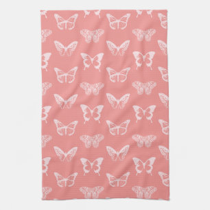 Butterfly Sketch, Deep Coral Pink  Tea Towel