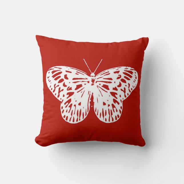 Butterfly sketch, deep red and white cushion (Front)